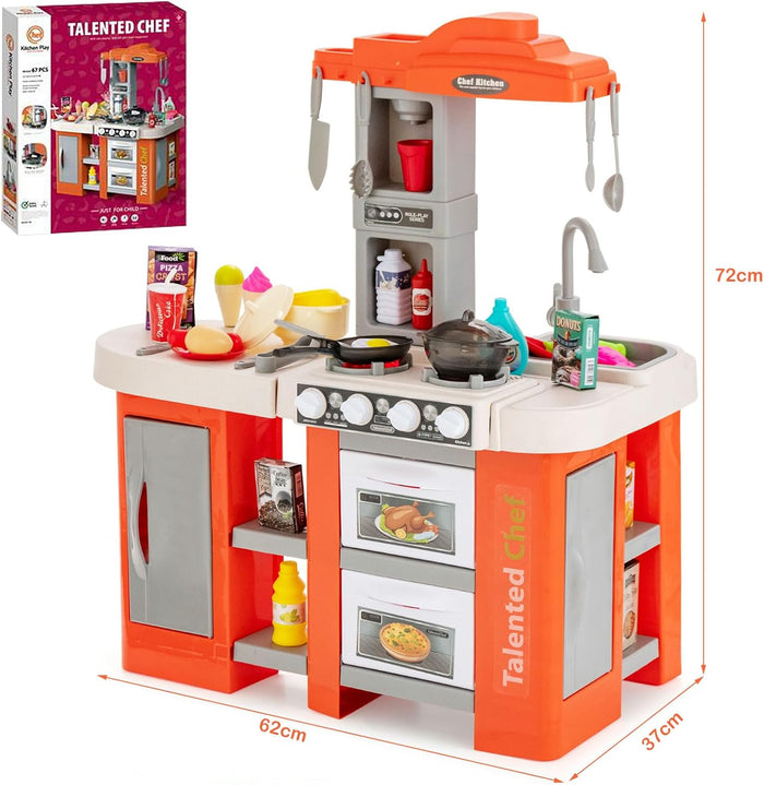 Cucina Giocattolo con Set di Accessori Cibo e Utensili, Cucina per Bambini con Suoni e Luci, Lavandino, Rubinetto, Scaffali, Forni e Fornelli, per Bambini 3+ Anni (Arancione)