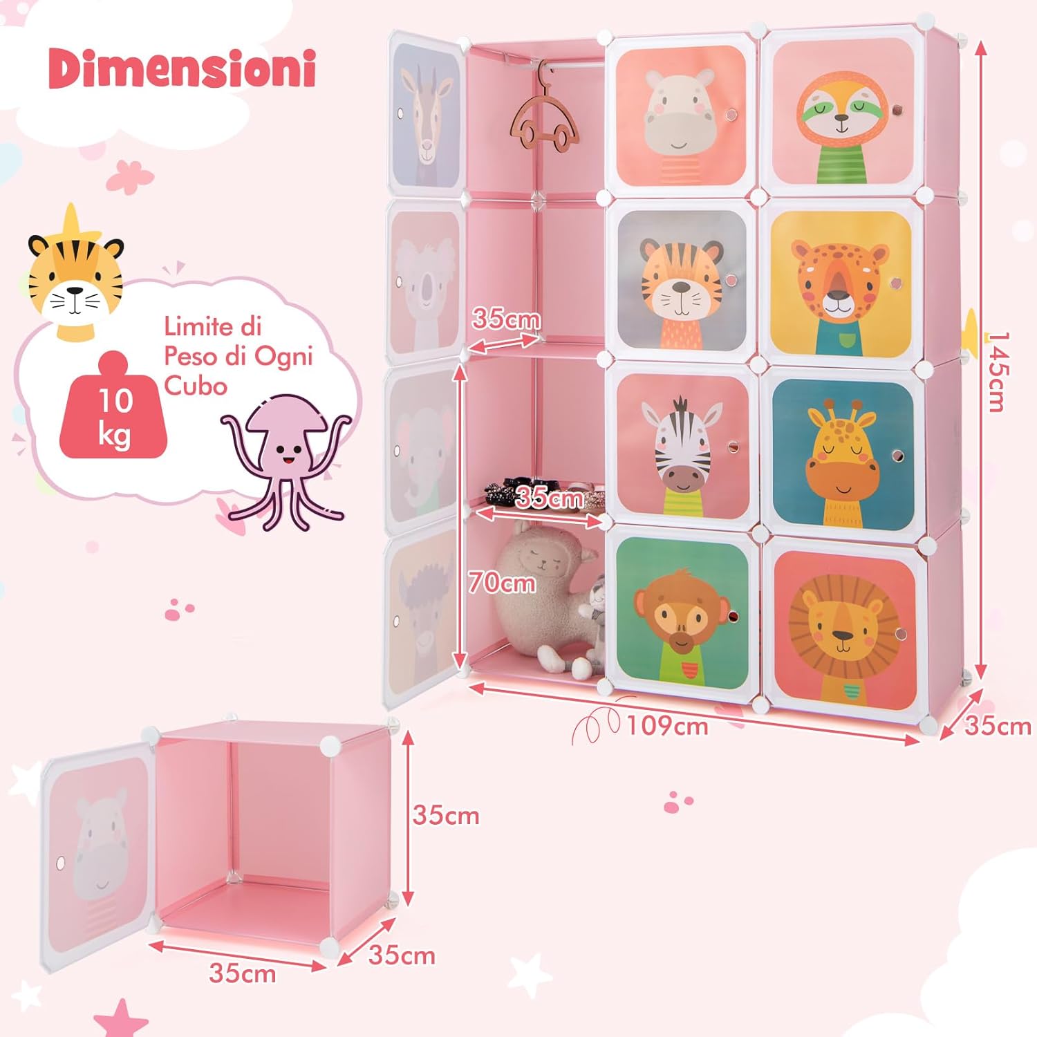 Guardaroba Portatile per Bambini, Armadio Portatile con 12 Cubi, Organizzatore Modulari per Camera dei Bambini Soggiorno, 109 x 35 x 145 cm (Rosa)