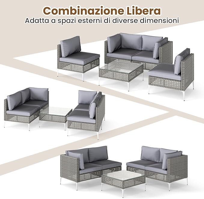 Set di Mobili da Esterno 5 Pezzi, Set da Conversazione in Rattan con Cuscini e Tavolino in Vetro Temperato, Tavolino e 4 Divani per Cortile, Bordo Piscina e Veranda (Modello 4,5 pezzi)