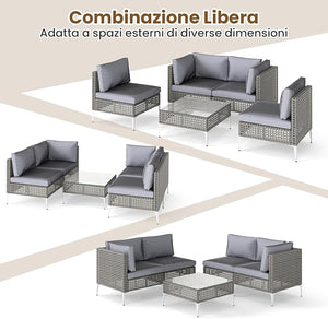 Set di Mobili da Esterno 5 Pezzi, Set da Conversazione in Rattan con Cuscini e Tavolino in Vetro Temperato, Tavolino e 4 Divani per Cortile, Bordo Piscina e Veranda (Modello 4,5 pezzi)