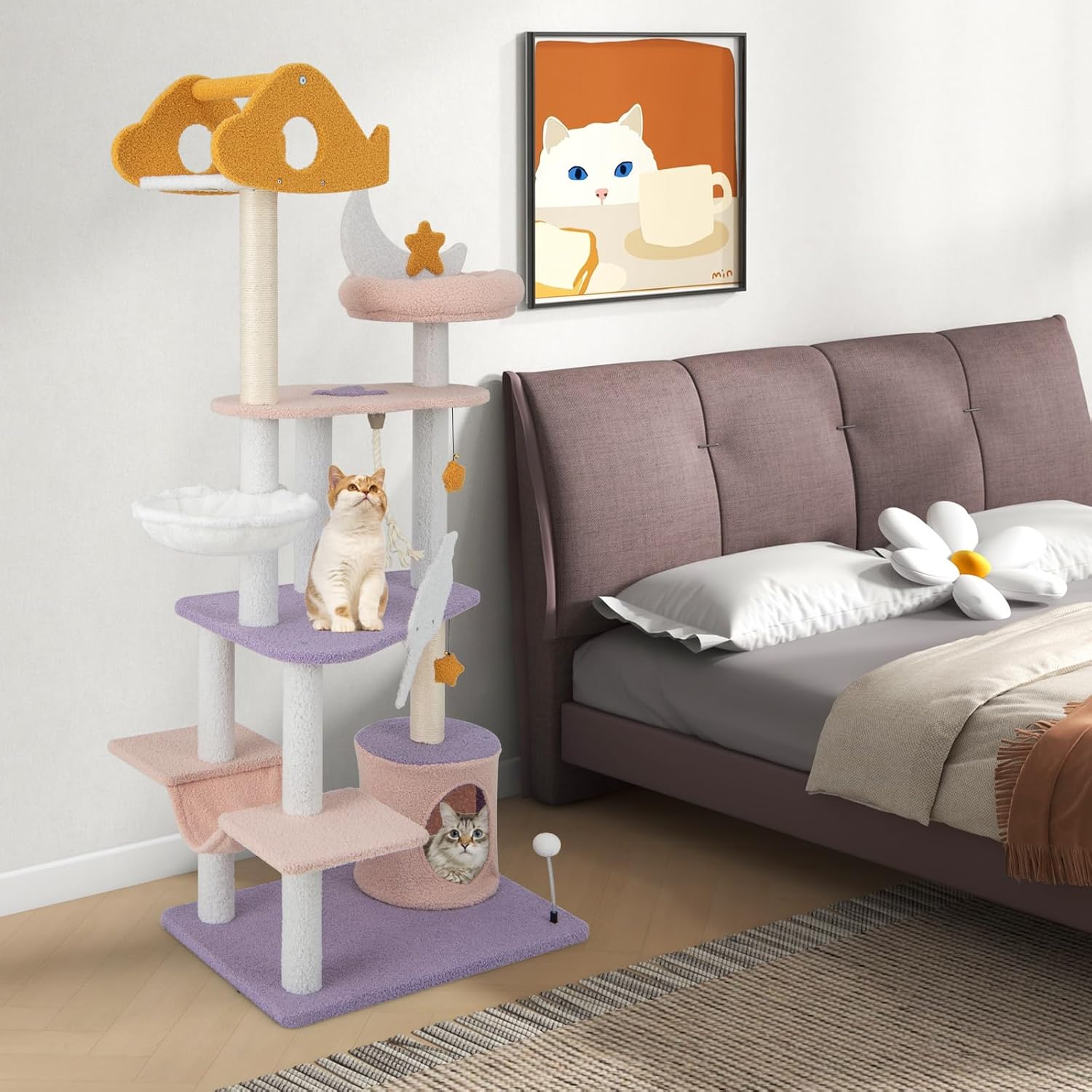 Tiragraffi per Gatti Alto 167 cm, Albero per Gatti Tiragraffi Gatto Stabile Multilivello, Albero Giochi in Sisal Piatteforme Rela, Ampio e Sicuro, 1 Amaca, 1 Grotta, 1Cesto