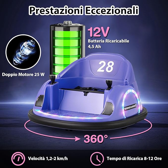 12V Autoscontro Elettrico per Bambini, Macchina Elettrica Cavalcabile con Telecomando, Luci Musica e Imbottitura Anti-collisione, Auto a Scontro per Bambini 18 Mesi + (Viola)