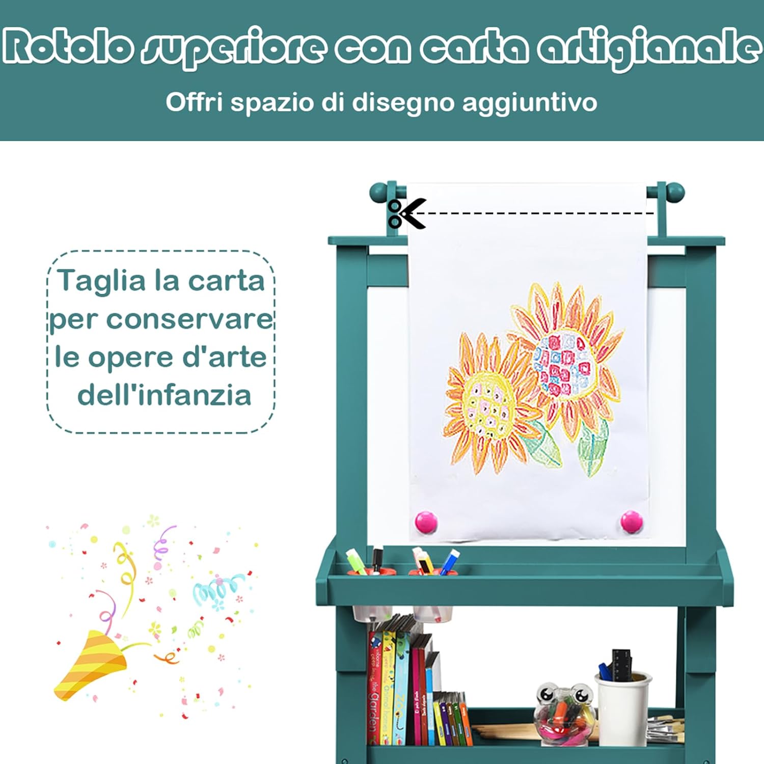 3 in 1 Cavalletto per Bambini con Doppia Faccia, Cavalletto per Disegno con 2 Vassoi e 2 Scatole, Lavagna Bambini in Legno (Blu)