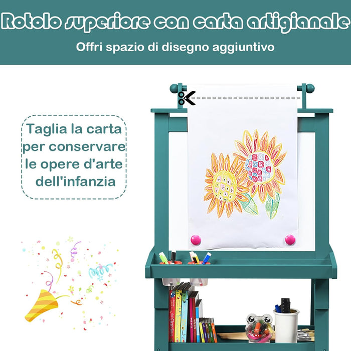3 in 1 Cavalletto per Bambini con Doppia Faccia, Cavalletto per Disegno con 2 Vassoi e 2 Scatole, Lavagna Bambini in Legno (Blu)