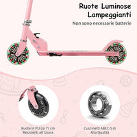 Monopattino per Bambini Pieghevole e Portatile, Monopattino a 2 Ruote con Manubrio Regolabile, Ruote Luminose a LED, Freno Posteriore e Tracolla, Ideale per Bambini e Bambine 3+