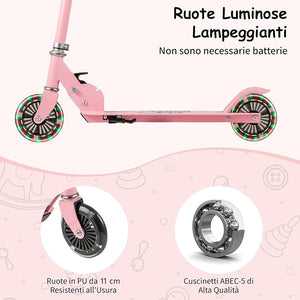 Monopattino per Bambini Pieghevole e Portatile, Monopattino a 2 Ruote con Manubrio Regolabile, Ruote Luminose a LED, Freno Posteriore e Tracolla, Ideale per Bambini e Bambine 3+