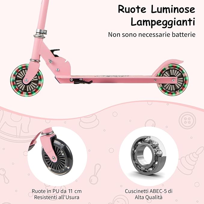 Monopattino per Bambini Pieghevole e Portatile, Monopattino a 2 Ruote con Manubrio Regolabile, Ruote Luminose a LED, Freno Posteriore e Tracolla, Ideale per Bambini e Bambine 3+