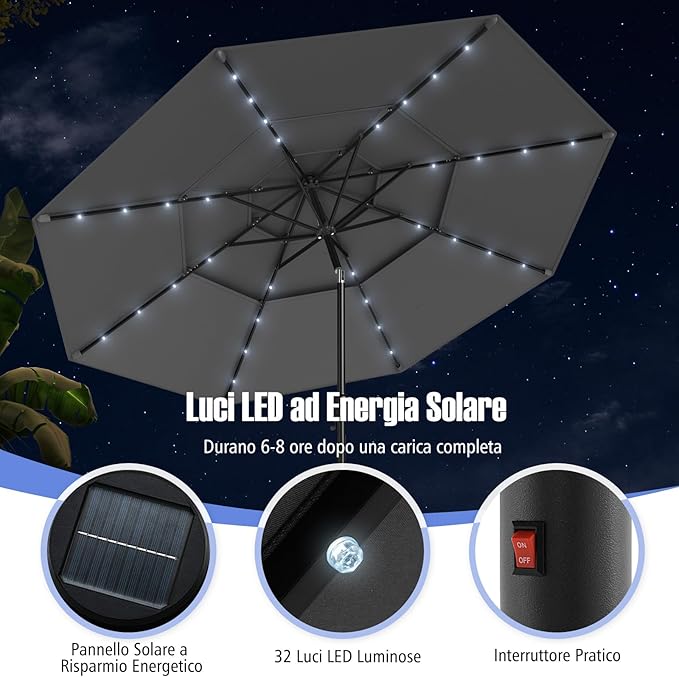 Ombrellone da Patio 313 cm con 32 Luci LED, Tetto Ventilato a 3 Piani, Inclinazioni Regolabili, Manovella, 8 Stecche, Ombrellone da Giardino, Piscina, Spiaggia