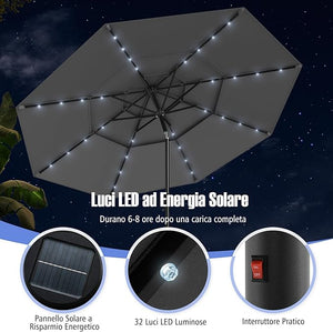 Ombrellone da Patio 313 cm con 32 Luci LED, Tetto Ventilato a 3 Piani, Inclinazioni Regolabili, Manovella, 8 Stecche, Ombrellone da Giardino, Piscina, Spiaggia
