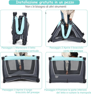 4 in 1 Lettino Neonato da Viaggio Pieghevole con Materasso, Culla da Campeggio con Fasciatoio e Giocattolo, per Bambini 0-36 Mesi fino a 15 kg (Grigio-Azzurro)