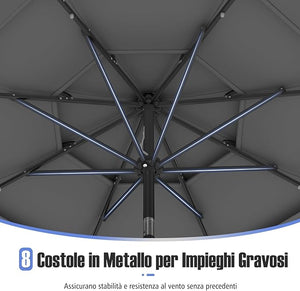 Ombrellone da Patio 313 cm con 32 Luci LED, Tetto Ventilato a 3 Piani, Inclinazioni Regolabili, Manovella, 8 Stecche, Ombrellone da Giardino, Piscina, Spiaggia
