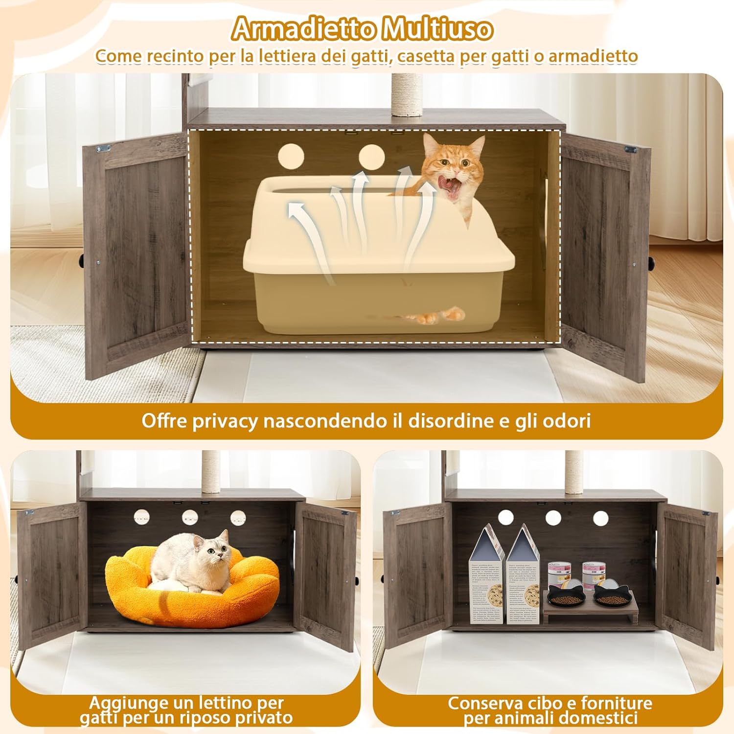 Lettiera Chiusa per Gatti 87,5 cm, Torre per Gatti in Legno con Pali per Graffiiare in Sisal, Cuscino, Palla Pendente e Piattaforma Superiore, Albero per Animali Domestici