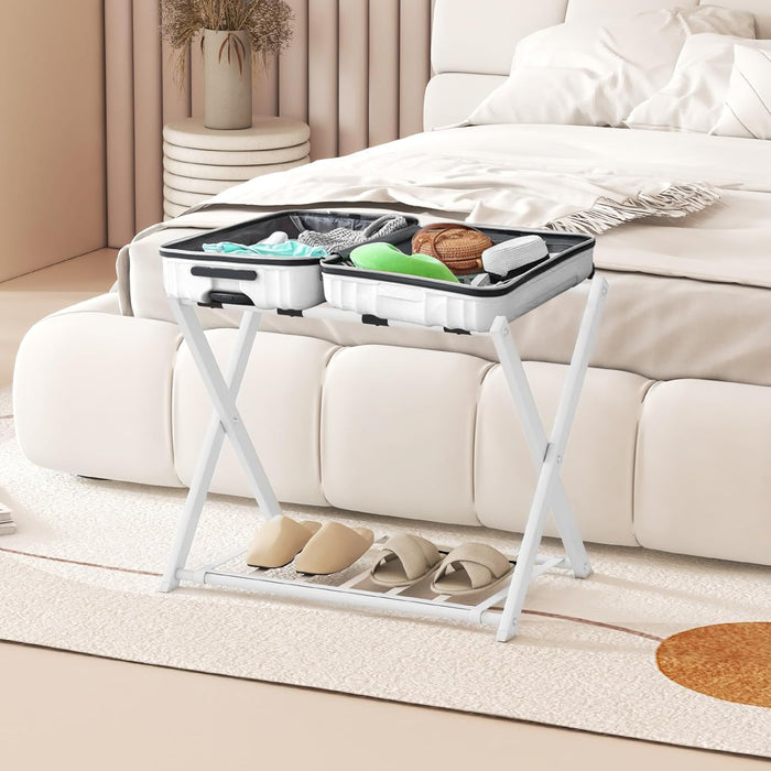Portavaligie Pieghevole, Porta Valigie Poggia Bagaglio a 2 Ripiani, Cavalletto da Valigie, per Hotel e Viaggio, in Metallo, 68 x 43 x 56 cm (Bianco 2)