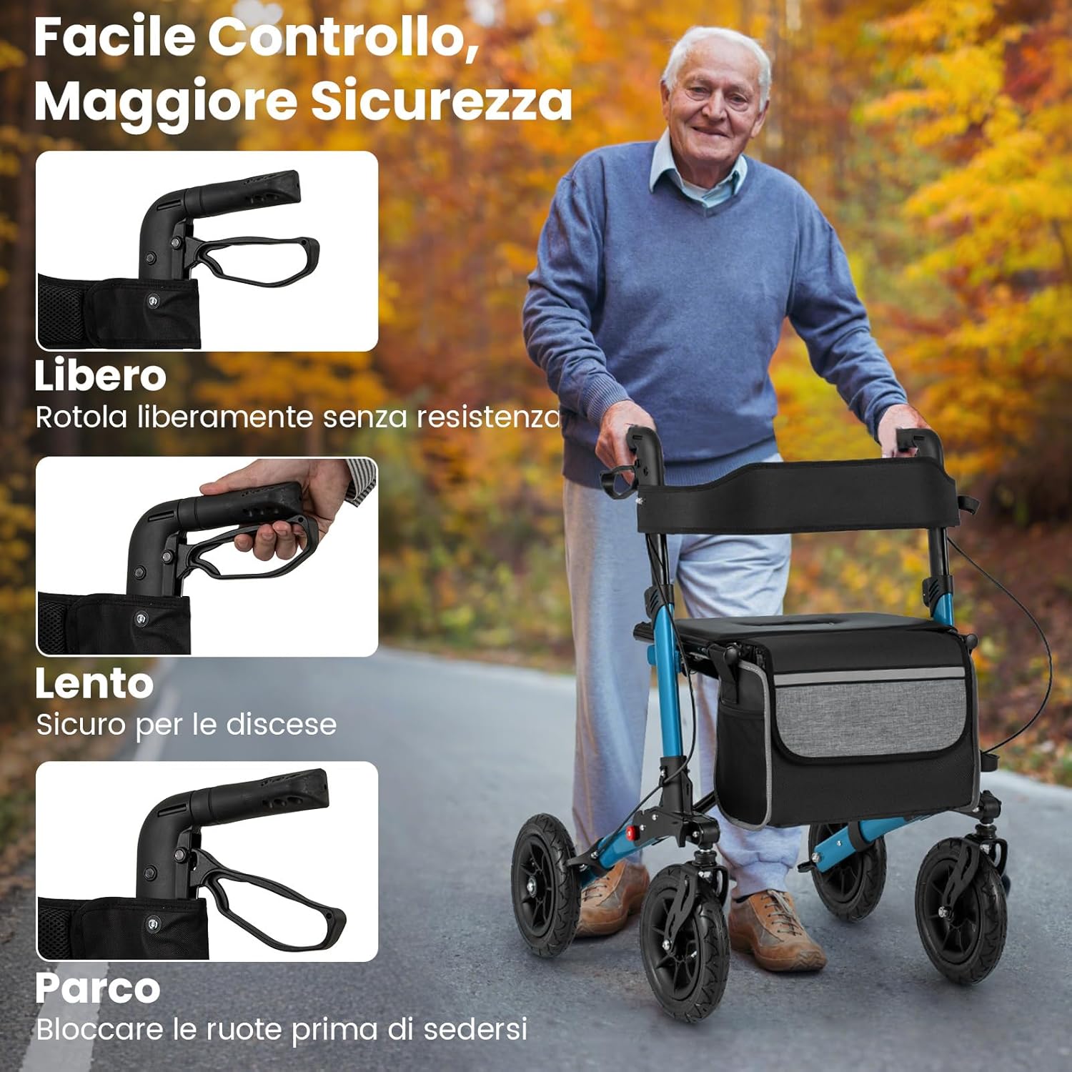 Deambulatore Pieghevole per Anziani in Alluminio, Rollator Regolabile in Altezza con Seduta, Schienale e Freni, Girello per Anziani con Borsetta, Carico Massimo 140 kg (Blu)