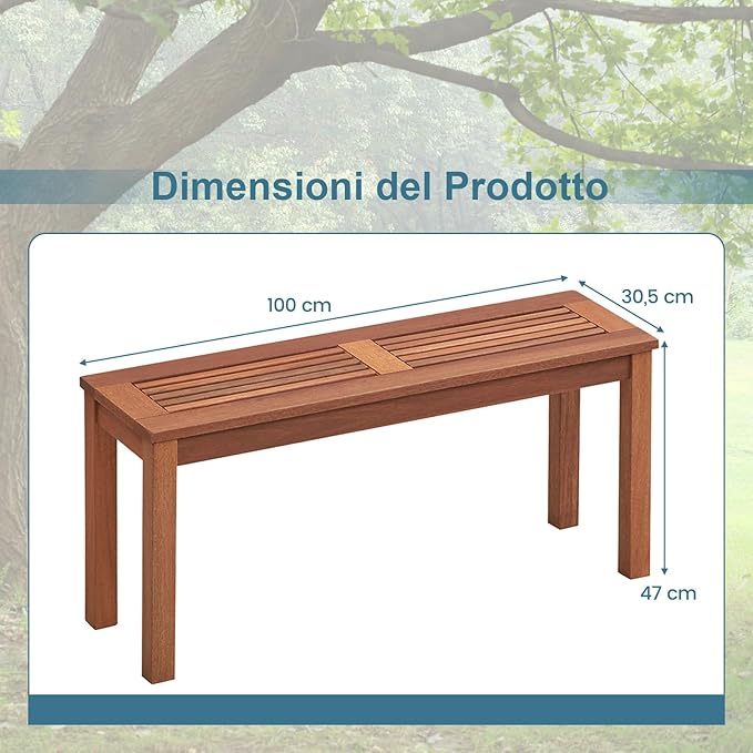 Panchina da Giardino 100 x 30,5 x 47cm, Set di Panca in Legno Massello da Esterno con Sedile a Doghe e Robusto Telaio, Arredo per Balcone e Ingresso, Naturale (1)