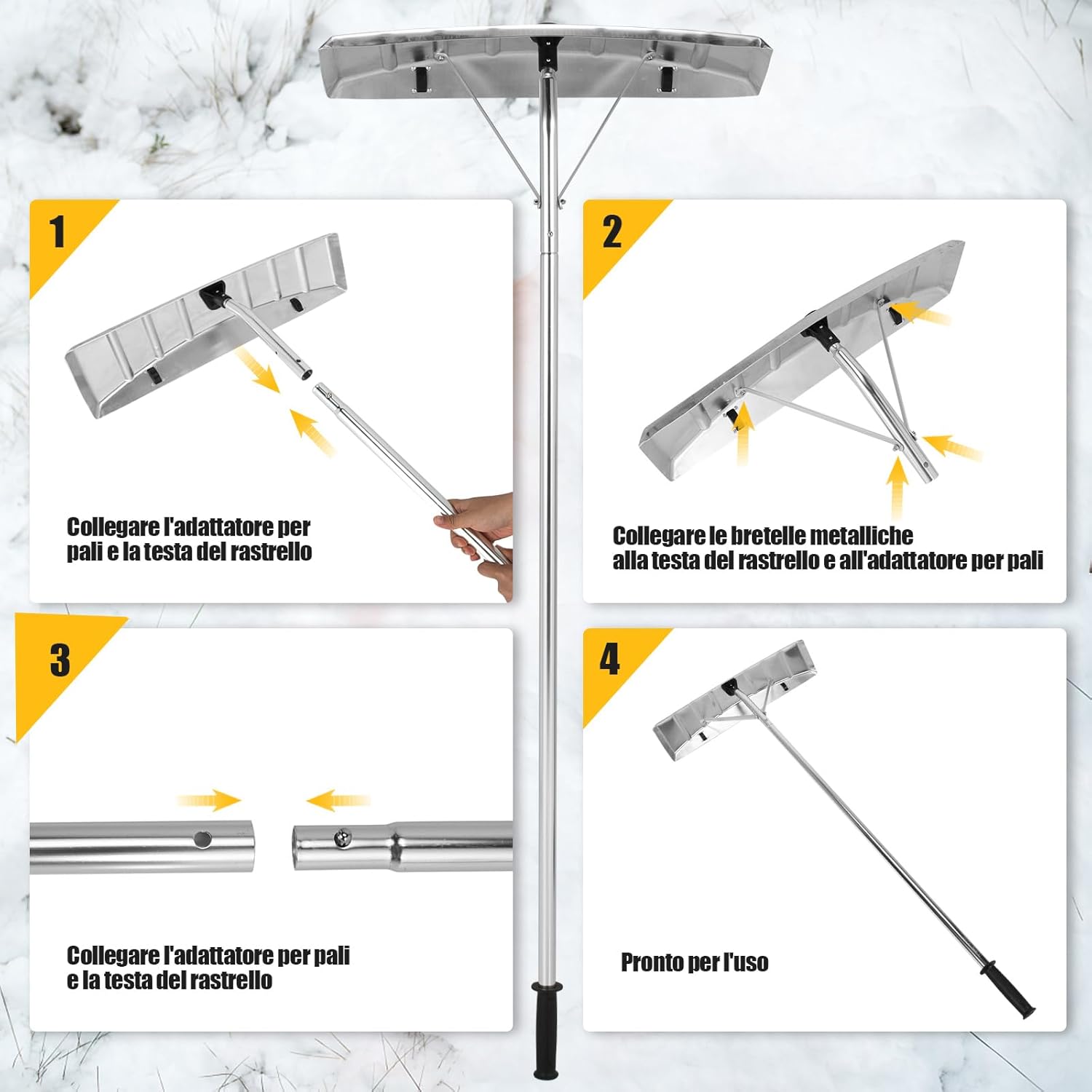 Rastrello per Neve in Alluminio per Tetti e Auto, Pala da Neve Telescopico e Allungabile da 148-608 cm, Lama Grande da 63 cm con 2 Ruote, per Vari Occasioni