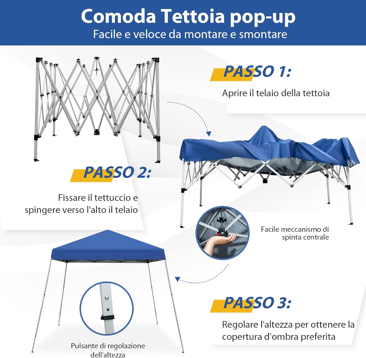 Gazebo Pieghevole da Giardino 3 x 3 M, Impermeabile, Altezza Regolabile, Gazebo da Esterno con Borsa di Trasporto, per Spiaggia, Campeggio, Patio, Mercato (Blu)