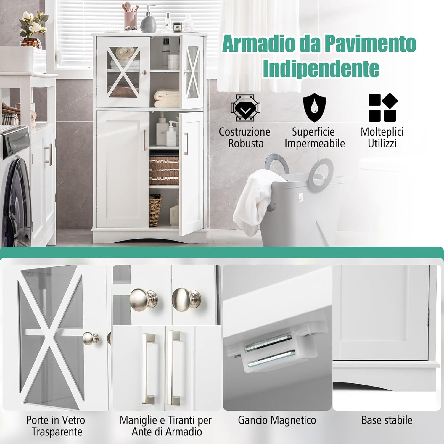 Mobile da Bagno con 4 Ante, Armadio da Terra con Ripiani Regolabili, Mobiletto Multifunzionale per Bagno Cucina e Soggiorno, 60x30x108 cm, Bianco (Bianco)