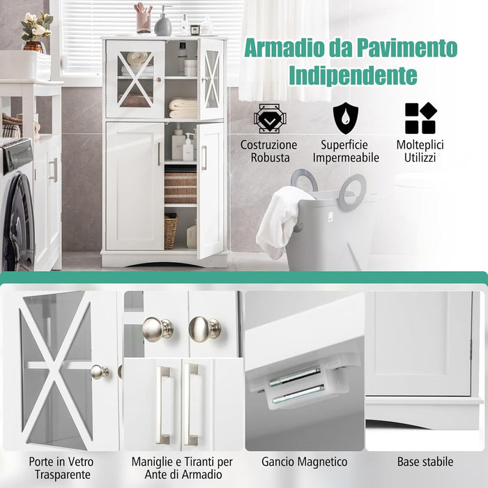 Mobile da Bagno con 4 Ante, Armadio da Terra con Ripiani Regolabili, Mobiletto Multifunzionale per Bagno Cucina e Soggiorno, 60x30x108 cm, Bianco (Bianco)