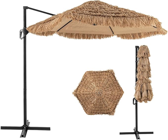 Ombrellone da Spiaggia 283 cm, Ombrello Tiki di Paglia in PE con Base, Ombrellone Sospeso Hawaiano per Giardino Piscina Terrazza
