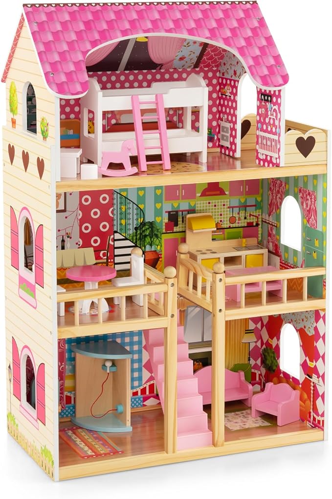 Casa delle Bambole in Legno, Casetta delle Bambole per Bambini, 3 Piani, 6 Stanze Simulate e 15 Pezzi di Mobili, Giocattolo per Bambini 3+ anni, Rosa