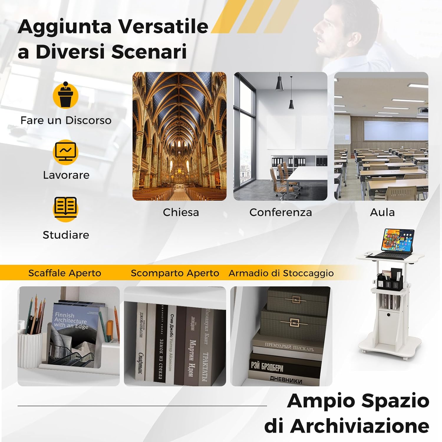Scrivania Regolabile in Altezza con Ruote, Standing Desk Mobile con Piano Inclinabile e Scomparti, Scrivania per Laptop Ergonomica con Rotelle per Ufficio e Casa (Bianco)