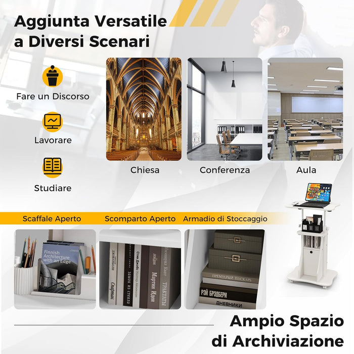 Scrivania Regolabile in Altezza con Ruote, Standing Desk Mobile con Piano Inclinabile e Scomparti, Scrivania per Laptop Ergonomica con Rotelle per Ufficio e Casa (Bianco)