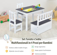 Set 4 Pezzi Tavolo e Sedie per Bambini, Set Tavolo Attività di Legno 2 in 1 per Bambini con 2 Sedie e 1 Panca, Per Bambini per Giocare Disegnare Leggere e Mangiare (Grigio)