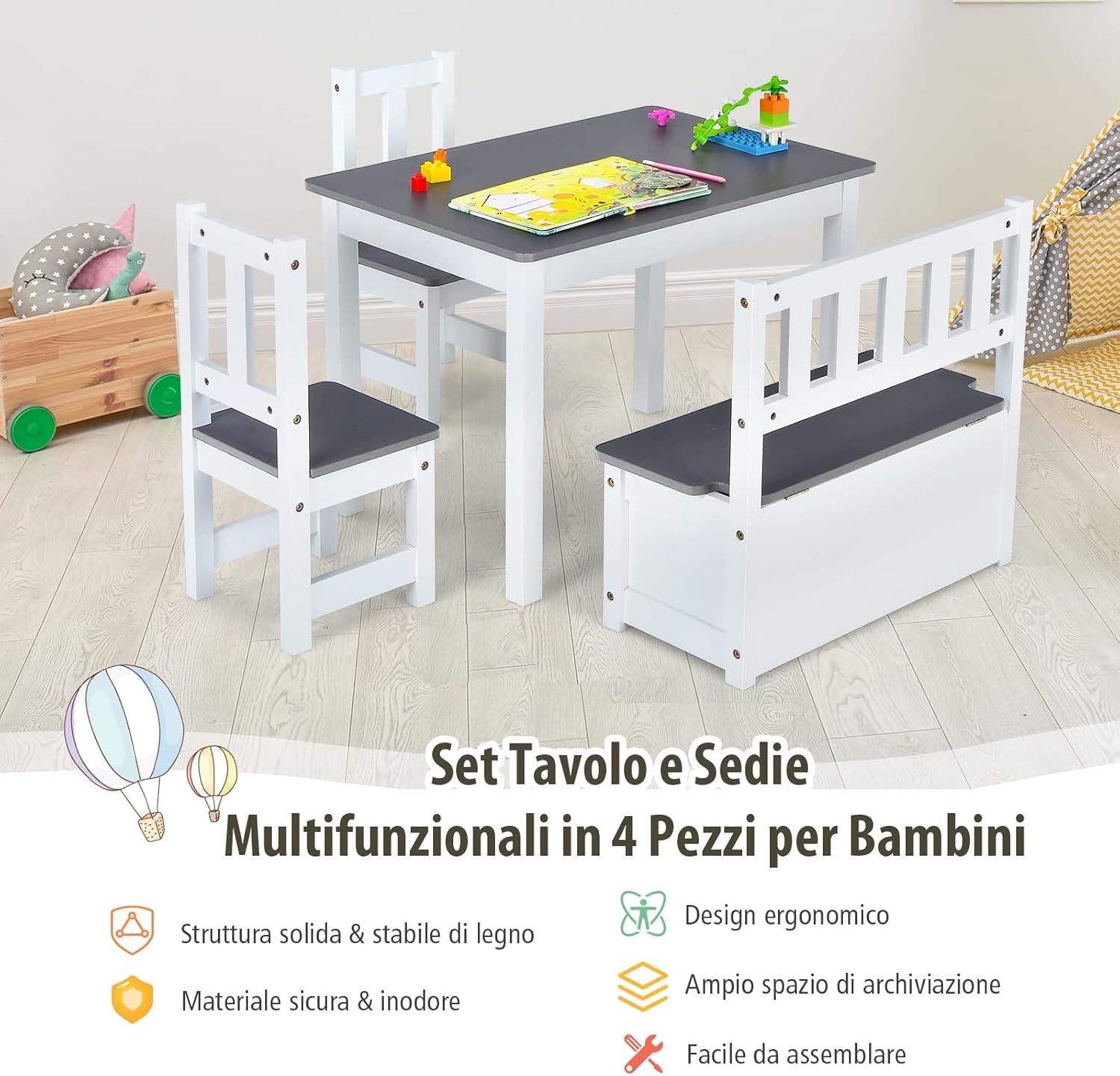 Set 4 Pezzi Tavolo e Sedie per Bambini, Set Tavolo Attività di Legno 2 in 1 per Bambini con 2 Sedie e 1 Panca, Per Bambini per Giocare Disegnare Leggere e Mangiare (Grigio)
