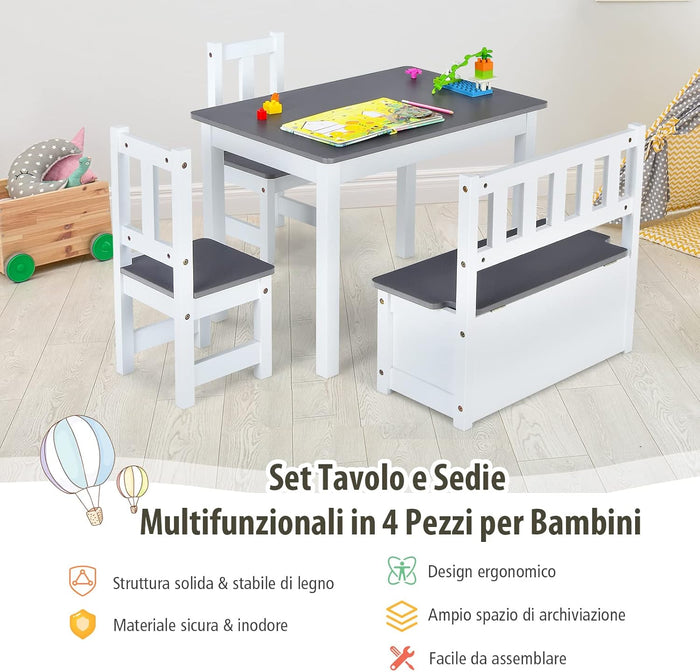 Set 4 Pezzi Tavolo e Sedie per Bambini, Set Tavolo Attività di Legno 2 in 1 per Bambini con 2 Sedie e 1 Panca, Per Bambini per Giocare Disegnare Leggere e Mangiare (Grigio)