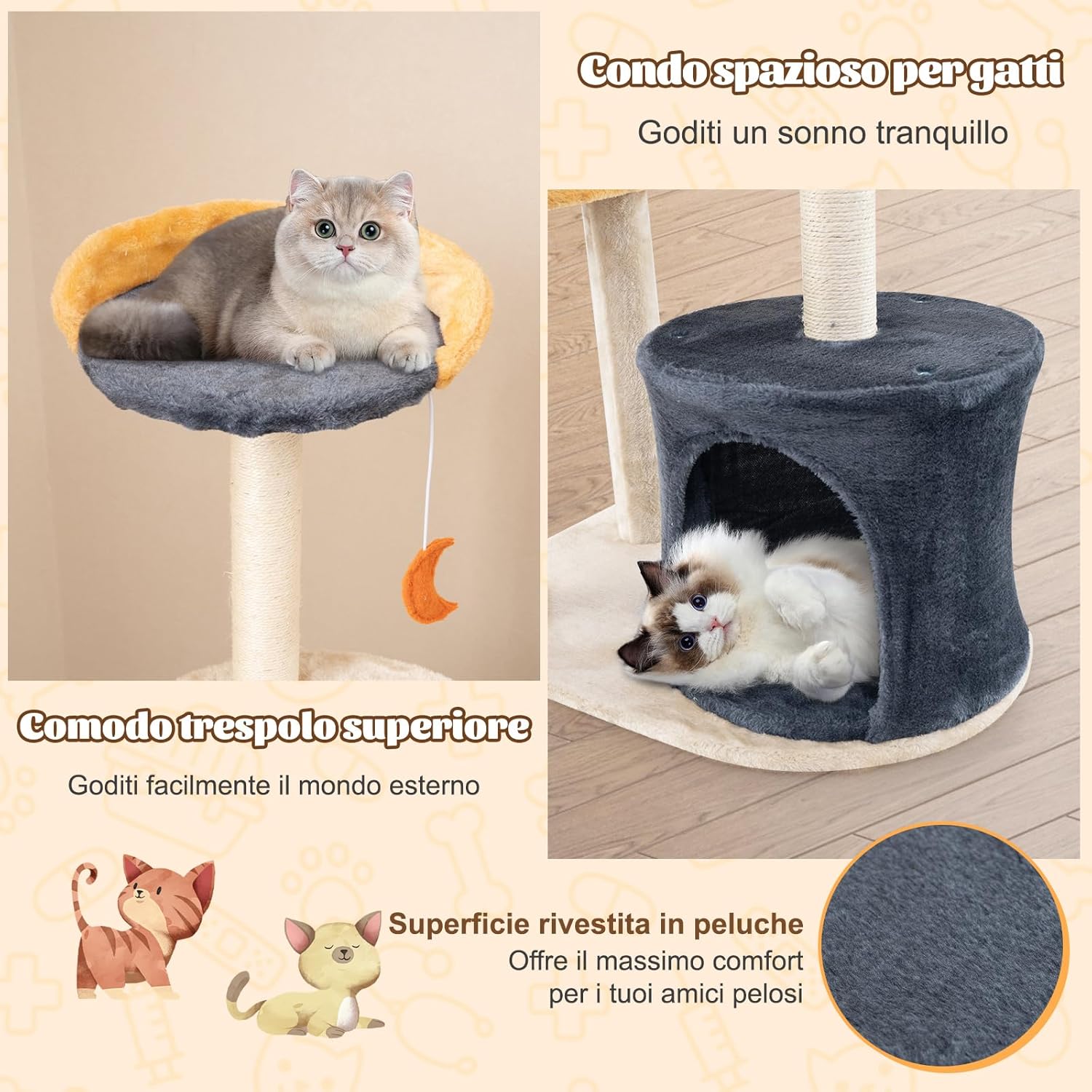 Tiragraffi per Gatti 128cm, Albero per Gatti da Interno, Torre Multi-Livello con Tiragraffi in Sisal, Gattiera, Piattaforma Superiore in Peluche e Giocattoli Appesi