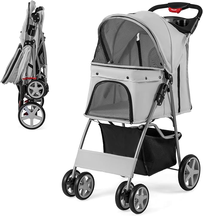 Passeggino per Cani Piccoli Pieghevole, Fino a 15 kg, Ruote 360° con Freni, Cuscino, Porta Doppio, Finestre, Cestino, Portabicchieri, Carrozzina Portatile (Grigio)