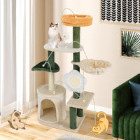 Tiragraffi per Gatto Alto 114 cm Forma di Fiore, Albero Tiragraffi Gatto con Amaca, Grotta e Palla Pompon, Torre Tiragraffi per Gatti con Pali e Tavola in Sisal, Verde e Beige