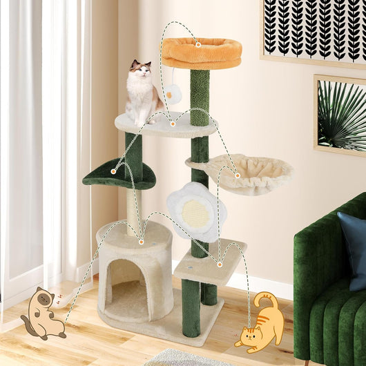 Tiragraffi per Gatto Alto 114 cm Forma di Fiore, Albero Tiragraffi Gatto con Amaca, Grotta e Palla Pompon, Torre Tiragraffi per Gatti con Pali e Tavola in Sisal, Verde e Beige