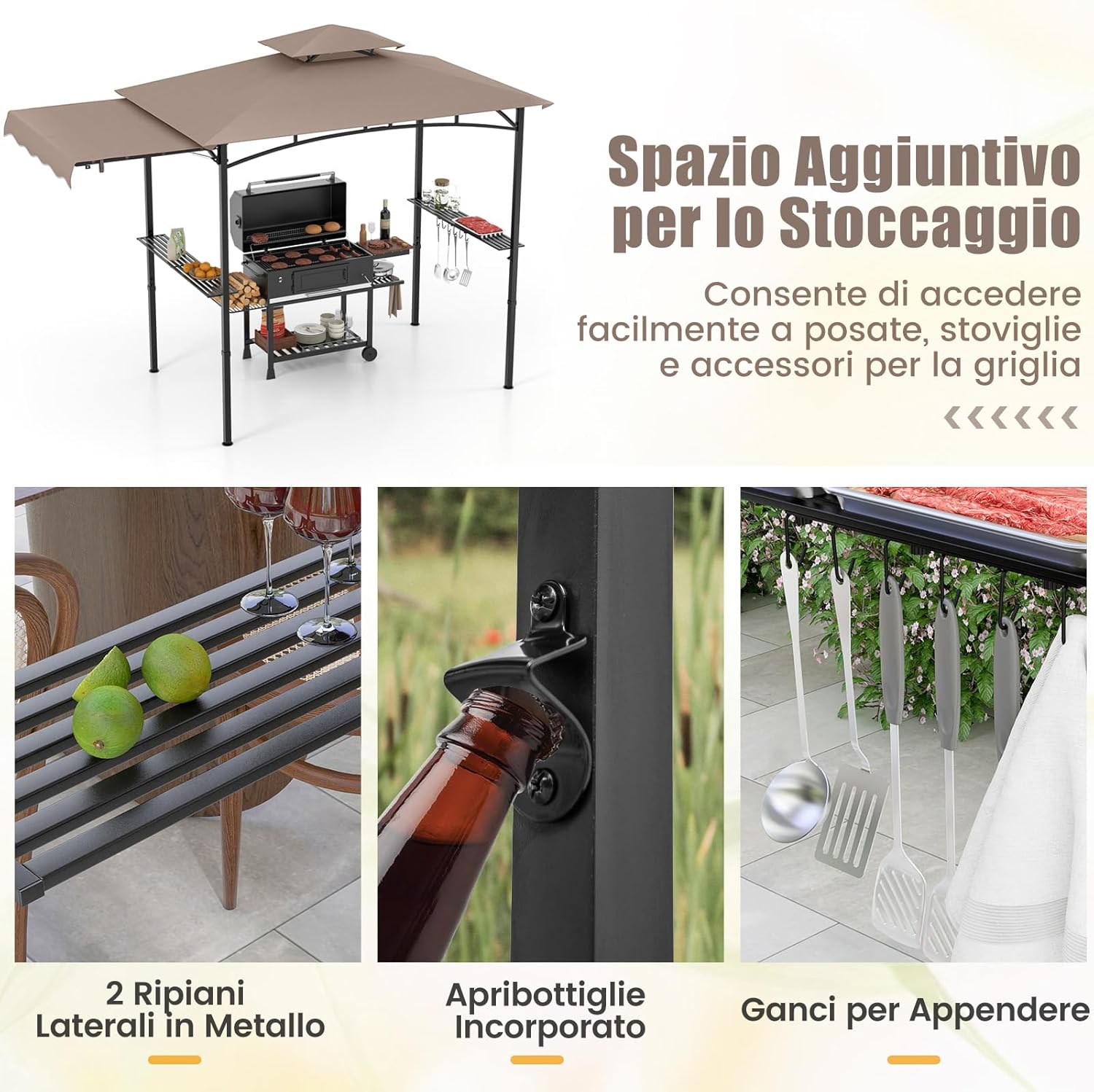 Gazebo per Barbecue, Pergola per BBQ con Tendalino Laterale, Tetto a 2 Livelli, 2 Ripiani Laterali, Ganci Appesi, Apribottiglie, per Giardino e Cortile, 318 x 153 x 250 cm (Marrone)
