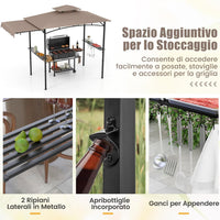 Gazebo per Barbecue, Pergola per BBQ con Tendalino Laterale, Tetto a 2 Livelli, 2 Ripiani Laterali, Ganci Appesi, Apribottiglie, per Giardino e Cortile, 318 x 153 x 250 cm (Marrone)