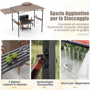 Gazebo per Barbecue, Pergola per BBQ con Tendalino Laterale, Tetto a 2 Livelli, 2 Ripiani Laterali, Ganci Appesi, Apribottiglie, per Giardino e Cortile, 318 x 153 x 250 cm (Marrone)