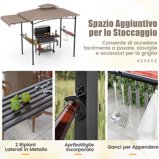 Gazebo per Barbecue, Pergola per BBQ con Tendalino Laterale, Tetto a 2 Livelli, 2 Ripiani Laterali, Ganci Appesi, Apribottiglie, per Giardino e Cortile, 318 x 153 x 250 cm (Marrone)