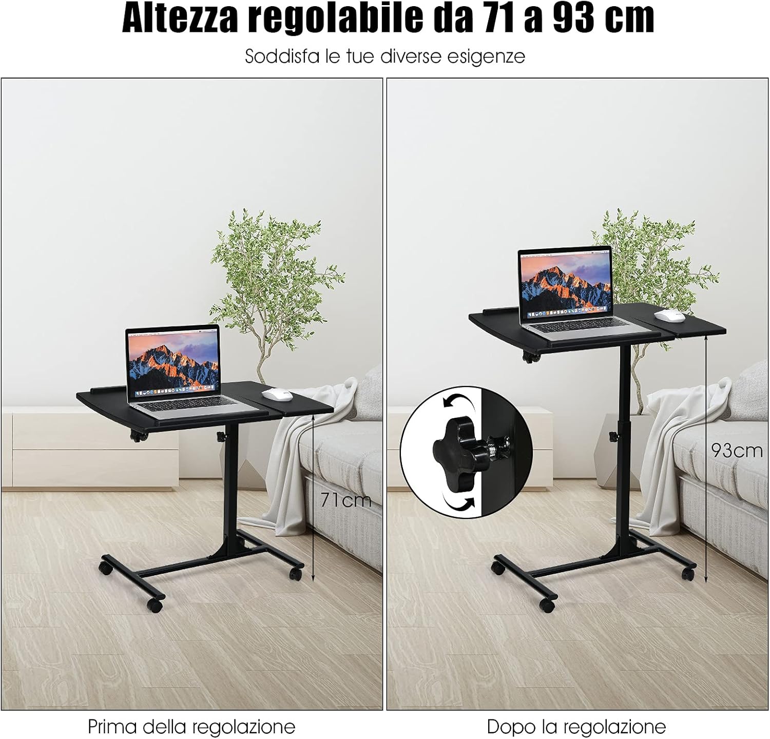 Tavolino Salotto Regolabile in Altezza e Inclinazione, Tavolo da Letto e da Divano con Ruote, Tavolino Porta PC Multiuso per Soggiorno e Camera da Letto, 64 x 45 x 71-93 cm (Nero)