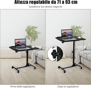 Tavolino Salotto Regolabile in Altezza e Inclinazione, Tavolo da Letto e da Divano con Ruote, Tavolino Porta PC Multiuso per Soggiorno e Camera da Letto, 64 x 45 x 71-93 cm (Nero)
