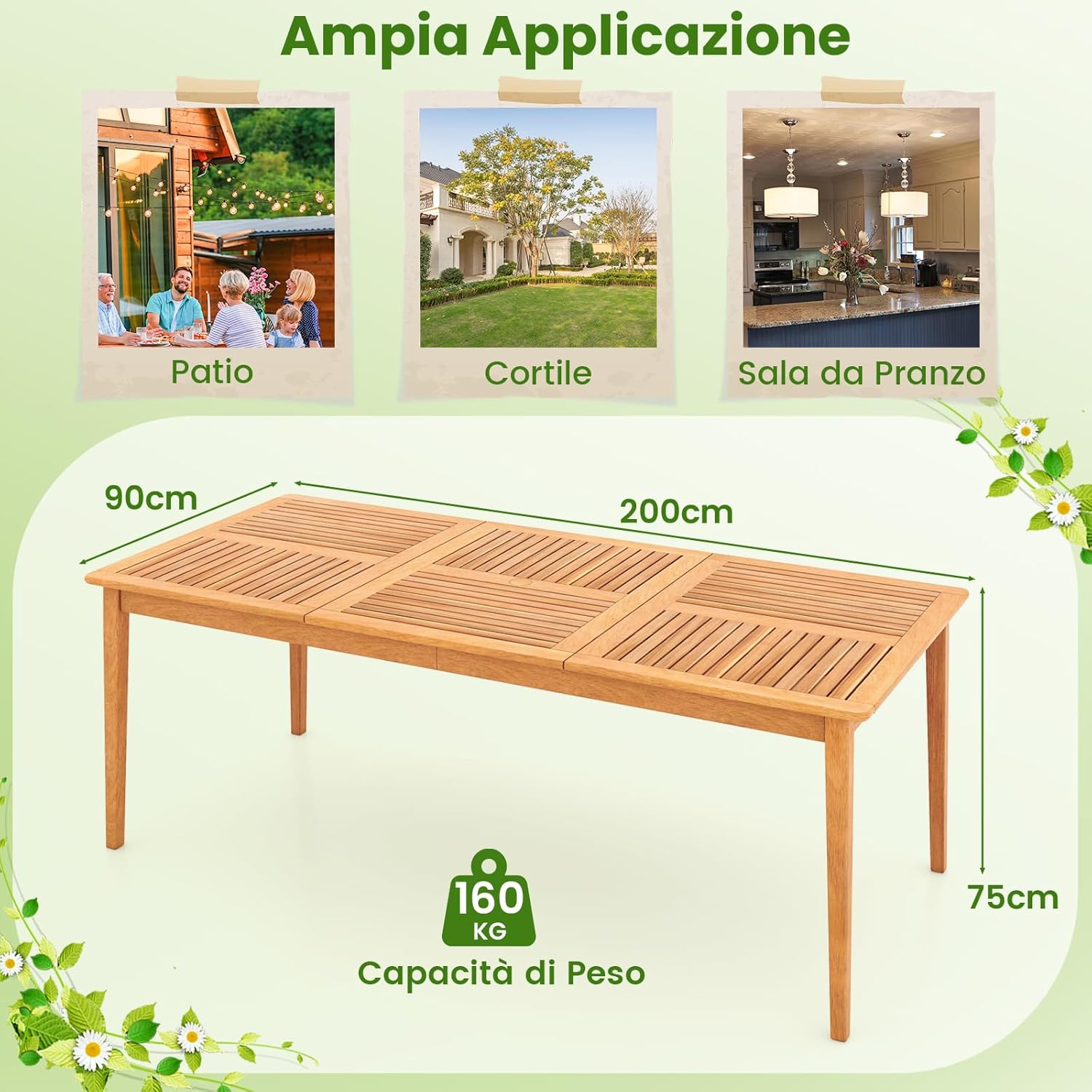 Tavolo Pranzo da Giardino a 8 Posti, Tavolo in Legno con Foro per Ombrellone 5 cm, per Giardino Patio Piscina, Portata 160 kg, 200 x 90 x 75 cm