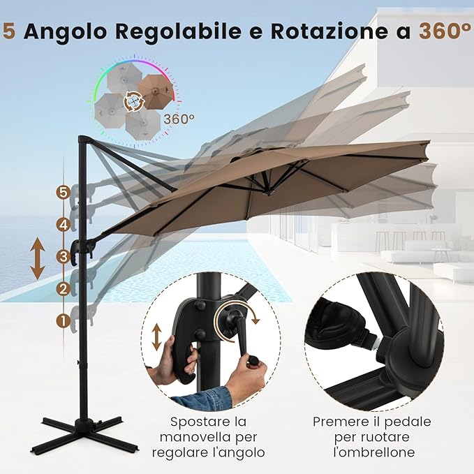 Ombrellone da Esterno 294 cm, Ombrellone con Rotazione a 360°, 5 Angoli di Inclinazione Regolabili, Base a Forma di Croce, 8 Stecche, Ombrellone per Giardino, Piscina, Cortile