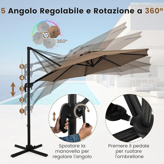 Ombrellone da Esterno 294 cm, Ombrellone con Rotazione a 360°, 5 Angoli di Inclinazione Regolabili, Base a Forma di Croce, 8 Stecche, Ombrellone per Giardino, Piscina, Cortile