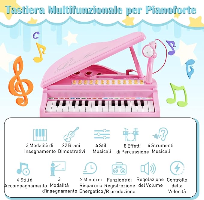 Tastiera Pianoforte a 31 Tasti con Microfono e Sgabello, Pianoforte Giocattolo Portatile con Modalità di Insegnamento a LED, Pianoforte a Coda per Bambini 3+ Anni (Rosa), 35 x 30 x 55 cm