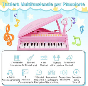 Tastiera Pianoforte a 31 Tasti con Microfono e Sgabello, Pianoforte Giocattolo Portatile con Modalità di Insegnamento a LED, Pianoforte a Coda per Bambini 3+ Anni (Rosa), 35 x 30 x 55 cm