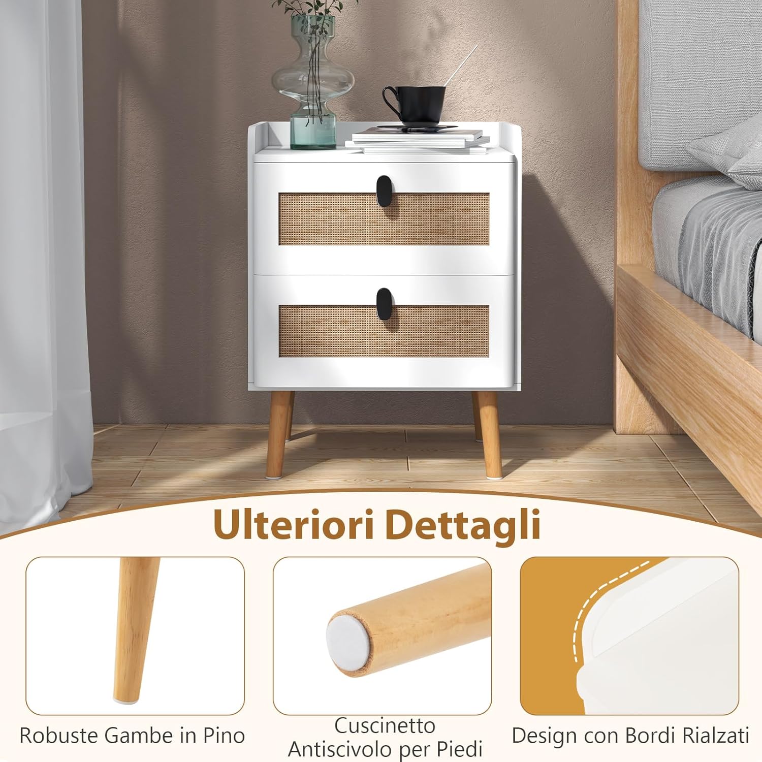 Comodino in Legno, Comodino Moderno con 2 Cassetti, con Gambe in Legno Massello, per Soggiorno, Camera da Letto, Bianco, 45 x 40 x 57 cm