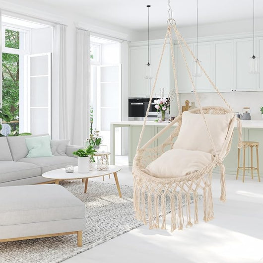 Poltrona Sospesa da Giardino, Sedia Amaca Altalena Macrame con Morbidi Cuscini, Corde e Catena, Sedia Altalena per Camera da Letto, Giardino, Balcone, Max 150kg