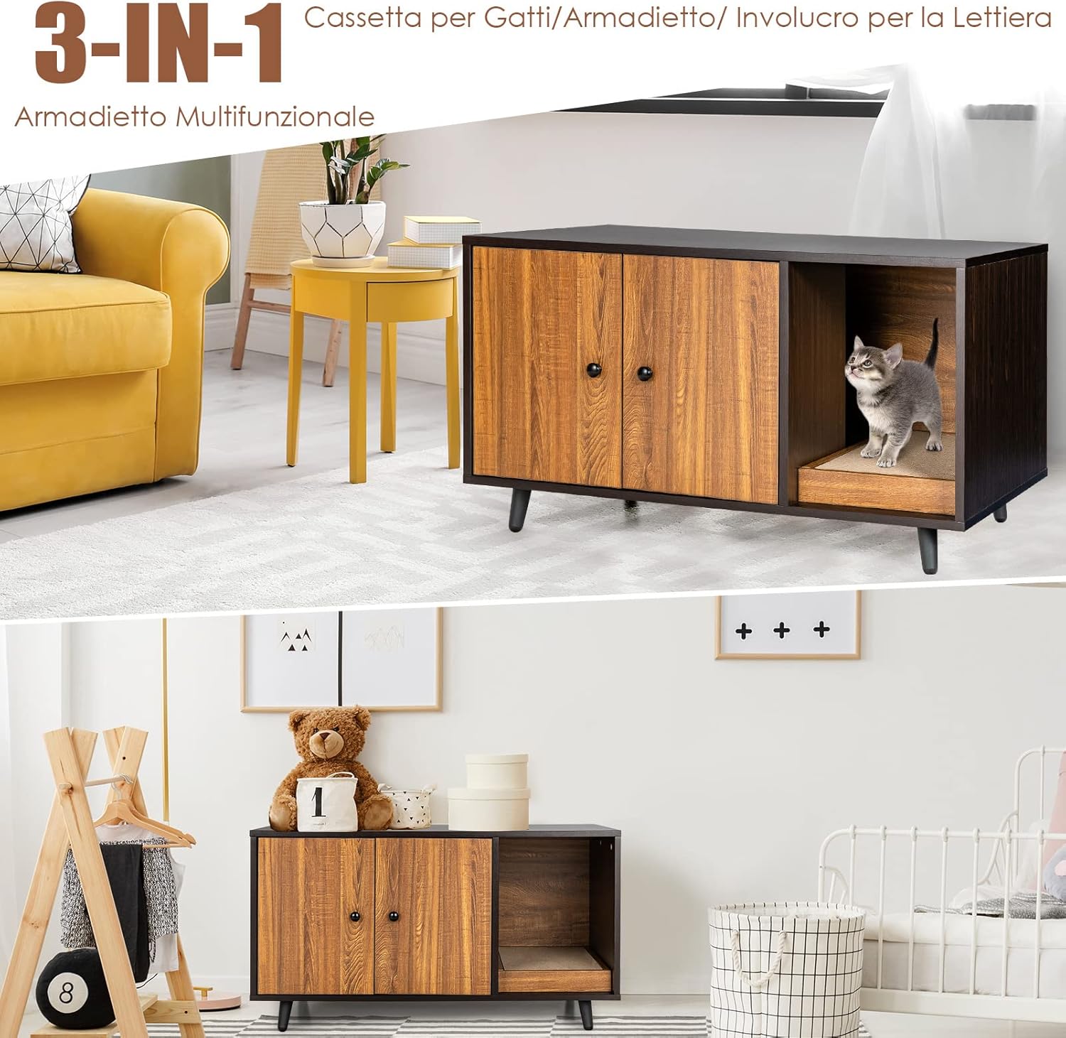 Mobile per Lettiera per Gatti 90 x 50 x 50 cm, Cassetta Igienica per Gatti con Doppia Anta, Divisore, Ingresso Avvolgibile, Tiragraffi e Gambe di Metallo Solido (Marrone)