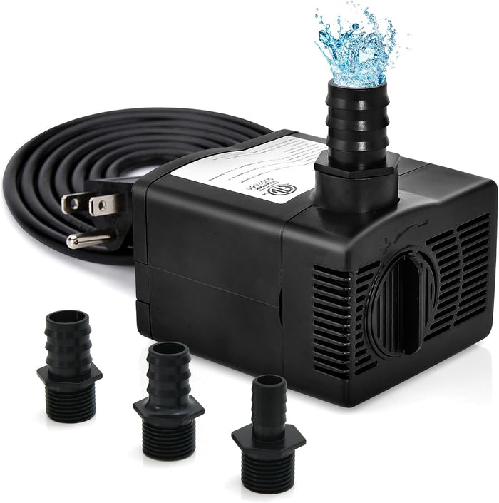 Pompa Sommergibile da 900L/H (22W)/1450L/H (30W), Pompa per Fontane con Sollevamento di 2,2/2,5 Metri, Cavo di Alimentazione da 1,83 Metri e 3 Ugelli per Acquari Idroponica Laghetto (1450L/H)