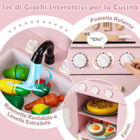 Cucina Giocattolo con Fornelli a Suoni e Luci Reali, Cucina per Bambini in Legno con Lavandelo Estrabile, Rubinetto e Forno, Set Cucina con 11 Accessori, 55 x 31 x 75 cm (Rosa)